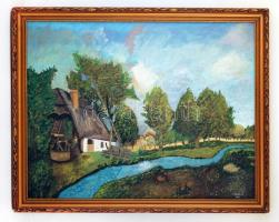 Virág jelzéssel: Patak a ház mellett. Olaj, vászon, keretben, 70×90 cm
