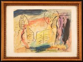 Bene jelzéssel: Őszi táj fákkal és épülettel, akvarell, tus, papír, üvegezett fa keretben, 17,5×23,5 cm