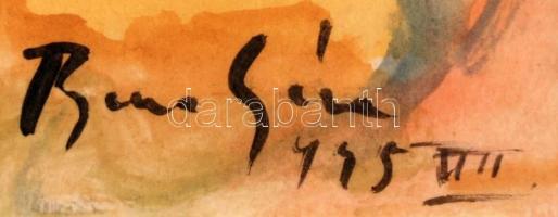 Bene jelzéssel: Őszi táj fákkal és épülettel, akvarell, tus, papír, üvegezett fa keretben, 17,5×23,5...