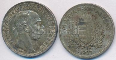 1914KB 1K Ag "Ferenc József" + 1927. 1P Ag T:2,2- ph., patina