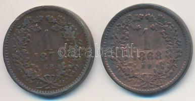 1868KB 1kr Cu + 1872KB 1kr Cu "Angyalos címer" T:2-