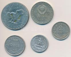Vegyes: Amerikai Egyesült Államok 1940. 1/4$ Ag "Washington Quarter" + 1972D 1$ Cu-Ni "Eisenhower" + Románia 1924. 2L Cu-Ni + 1943. 100L Ni borítású acél + Szovjetunió 1970. 1R Cu-Ni-Zn T:1-,2,2- Mixed: USA 1940. 1/4 Dollar Ag "Washington Quarter" + 1972D 1 Dollar Cu-Ni "Eisenhower" + Romania 1924. 2 Lei Cu-Ni + 1943. 100 Lei Ni clad Steel + Soviet Union 1970. 1 Ruble Cu-Ni-Zn C:AU,XF,VF