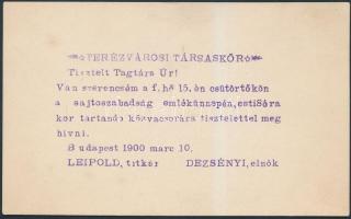 1900 Terézvárosi Társaskör meghívója a sajtószabadság ünnepére, 1900. március 15-re, 9x15cm