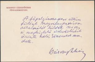 Bárczy István(1866-1943) Budapest főpolgármesterének autopen sorai és aláírása a megválasztása alkalmából küldött üdvözlőkártyán