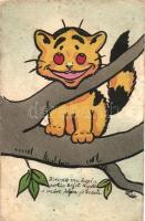 Kézzel festett macskás képeslap / Cat on the tree, hand-painted postcard