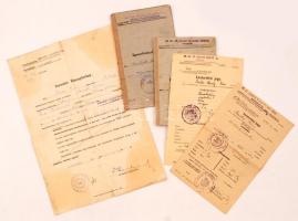 1940-1943 5 db különféle katonai okmány: sorozási bizonyítvány, 2 db bevonulási igazolvány, 2 db leszerelési jegy