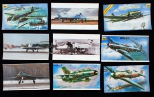 12 db színes kép katonai repülőgépekről és azok rajzairól, 18x10 cm