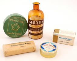 Különféle régi gyógyszeres dobozok és 1 db üveg: Sedatin, Reseptyl-Urea, Tannocarbon tabletta, stb.