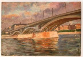 Jelzés nélkül: Margit híd. Olaj, vászon, kis hibákkal, lyukkal, 55x81cm