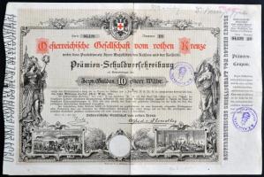 Ausztria 1882. "Osztrák Vöröskereszt" kötvénye 10G-ről bélyegzésekkel T:III Austria 1882. "Austrian Red Cross" debenture bond about 10 Gulden with stamps C:F