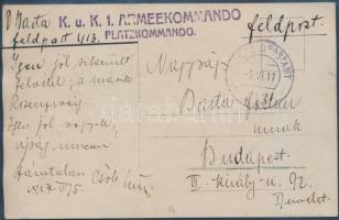 1917 Katonai fotólap az első világháborúból, hátoldalon K.u.K.1. Armeekommando pecsétjével, 14x9 cm