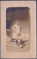 1917 Katonai fotólap az első világháborúból, hátoldalon a M. kir. 308. hegyi távbeszélő osztag pecsétjével, 14x9 cm