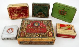 6 db különféle magyar cigarettás doboz: Sultan Flor díszes szecessziós fémdoboz, Cleopatra szivarka, Gendry, The Greys, stb., magyar és külföldi vegyesen, köztük 1 db papírból, kopásnyomokkal, különböző méretben