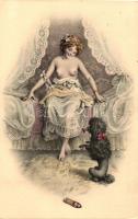Erotic art postcard, lady, dog, humour, M.M. Vienne Nr. 873. s: P.P.
