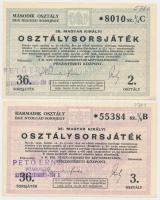 Budapest 1936. "36. Magyar Királyi Osztálysorsjáték" 1/4 sorsjegy, második osztály + "36. Magyar Királyi Osztálysorsjáték" 1/8 sorsjegy, harmadik osztály, mindkettő bélyegzéssel T:I-