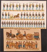 cca 1900 Azt Osztrák K.K. Hadsereg és Tüzérség felépítése, 2 db színes nyomtatvány, 20x34 és 42x26 cm / K.k. Österreichische Artillerie & Österreichisches Heer
