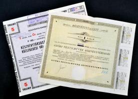 Budapest 1946. "Részvénytársaság Villamos és Közlekedési Vállalatok Számára" részvényelismervény 5db egyenként 100P értékű részvényről, bélyegzéssel, szelvényekkel és szárazpecséttel + "Győri Textilművek Részvénytársaság" 1db részvényutalványa 40P-ről, szelvényekkel és szárazpecséttel T:II