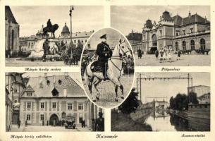 Kolozsvár, Horthy, vasútállomás, Mátyás király szülőháza és szobra / Horthy, railway station, birth house and statue of Matthias Corvinus (kis szakadás / small tear)