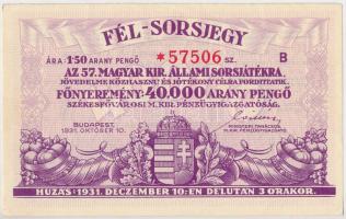 Budapest 1931. "Fél-Sorsjegy az 57. Magyar Királyi Állami Sorsjátékra" 1,5P értékben T:I-