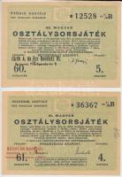Budapest 1948. "60. Magyar Osztálysorsjáték" 1/8 sorsjegy, ötödik osztály + "61. Magyar Osztálysorsjáték" 1/8 sorsjegy, negyedik osztály, mindkettő bélyegzéssel T:I-,II