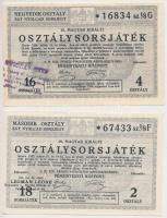 Budapest 1926. "16. Magyar Királyi Osztálysorsjáték" 1/8 sorsjegy, negyedik osztály, bélyegzéssel + 1927. "18. Magyar Királyi Osztálysorsjáték" 1/8 sorsjegy, második osztály T:I,I-