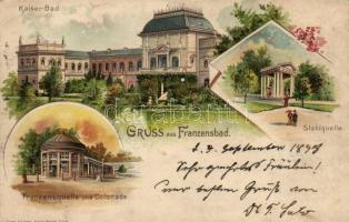 1898 Frantiskovy Lazne, Franzensbad; Kaiser-Bad, Franzensquelle, Colonnade, Stahlquelle / spa, springs; Friedr. Kirchner Kinst-Anstalt floral litho (Rb)
