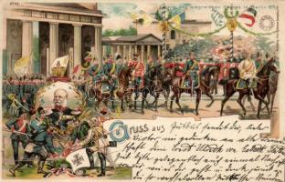 1899 Einzug des siegreichen Heeres in Berlin 1871 / March of the victorious army in Berlin in 1871, Wilhelm I; Kunstverlag Friedr. Hollerbaum No. 52. litho (wet damage)