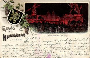 1899 Heidelberg, Schlossbeleuchtung / castle, coat of arms, grapes; Verlag v. Louis Glaser litho (EB)