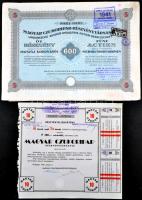 Budapest 1941. "Magyar Czukoripar Részvénytársaság" részvénye 600P-ről szelvényekkel, szárazpecséttel és bélyegzésekkel + 1946. "Magyar Czukoripar - Részvénytársaság" részvényelismervény 100P-ről szárazpecséttel, felülbélyegzésekkel T:II,III