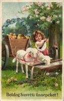 Easter, girl, lambs, chicken, floral litho (Rb)