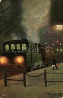 Train at night, Raphael Tuck & Sons Oliette, Serie Eisenbahn bei Nacht No. 216. B. s: Max Vollmberg (fa)