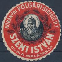 cca 1920 Szent István dupla malátasör, sörcímke, Kőbányai Polgári Serfőző Rt.