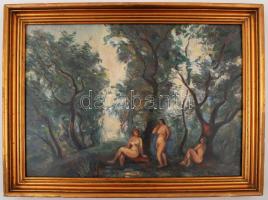 Herman jelzéssel: Fürdőző nők, olaj, karton, fa keretben, 34,5×47,5 cm