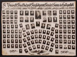 1938 A Vasúti Tisztképző Tanfolyam tanári kara és hallgatói, kistabló 125 nevesített portréval, Botfán Mária budapesti műterméből, kartonra ragasztva, 22x29 cm