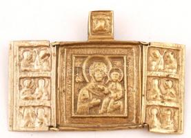 Régi bronz úti triptichon, Istenszülő Szűzanya Kis Jézussal és mellékalakokkal, restaurált, jó állapotban, 10x7 cm