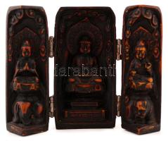 Fából készült kihajtható Buddha-szoborcsoport asztali dísz, kopásnyomokkal, m: 15 cm