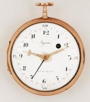 XVIII. sz vége: Ageron A Paris 649 sorszámú arany zsebóra naptár funkcióval. Kulcsos szerkezettel.  Zománcozott, kézzel festett számlappal. 18K arany tokkal, kihajtható szerkezettel. A zománc középen lekopott, a naptár mutatója laza, üveg hiányzik, kulcs nélkül, de a szerkezet jár. Nagyon szép darab! / End of XVIII. century: Ageron Paris 649 18 C pocket watch  enameled dial with some wear. Calendar hand is loose, without glass, but with working mechanics. Very nice piece. 82,4 g