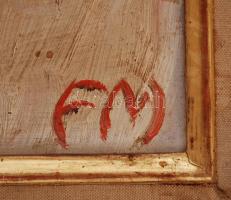 FM jelzéssel: Kisváros a folyónál. Olaj, farost, keretben, 40×52 cm