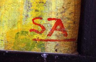 SA jelzéssel: Zöldség csendélet. Olaj, farost, keretben, 19×29 cm