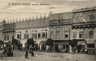 Eperjes, II. Rákóczi Ferencz udvarháza, Goldwender és Palecsko V. üzlete, Berger szálloda /  shops, street, hotel