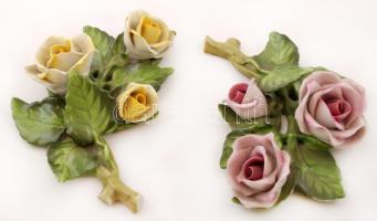 Herendi porcelán rózsacsokor, kézzel festett, jelzett, apró lepattanásokkal, 2 db, 16x10 cm