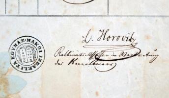 1824 A makói izraelita hitközség születési anyakönyvi kivonata Horowitz L. rabbi saját kezű aláírásá...