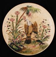 Antik dísz falitányér keselyű képével, kézzel festett, kopott, jelzett, d:35 cm