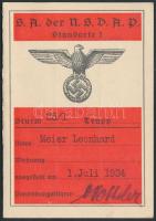 1934 S.A. der N.S.D.A.P. Nemzetiszocialista Német Munkáspárt tagsági igazolvány bélyegekkel, 10x7cm