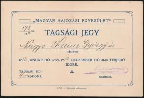1912 Magyar Hajózási Egyesület. Tagsági jegy. Hajtott