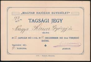 1912 Magyar Hajózási Egyesület. Tagsági jegy. Hajtott