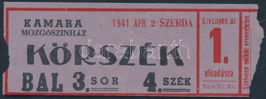 1941 Kamara Mozgószínház körszék belépőjegy a Szerelem és vérpad c. előadásra, 3,5x10cm