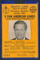 1967 Laky Károly vízilabdázó, mesteredző nevére kiállított kanadai fényképes igazolvány a Pán-európai Játékokra,9x7cm