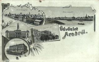 Arad, Andrássy tér, Maros part, Városháza, Líceum, színház / square, river bank, town hall, lyceum, theatre; Bloch H. 1228. floral, Art Nouveua litho (EK)