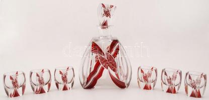 Dekoratív likőrös készlet, sérült dugóval, több rétegű, metszett, m:24 cm, m:6 cm